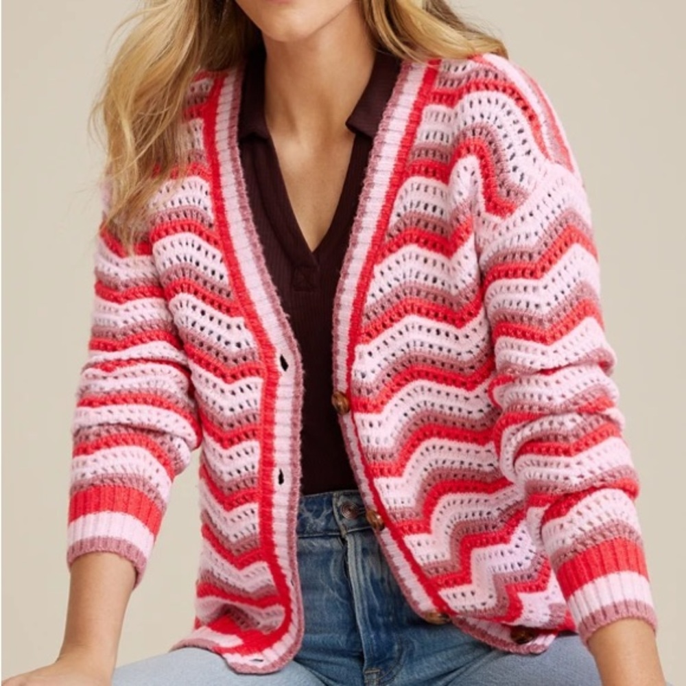 Maurices Crochet Knit Cardigan, NWOT, Sweater Pink Coral Zig‎ Zag Boho, Medium